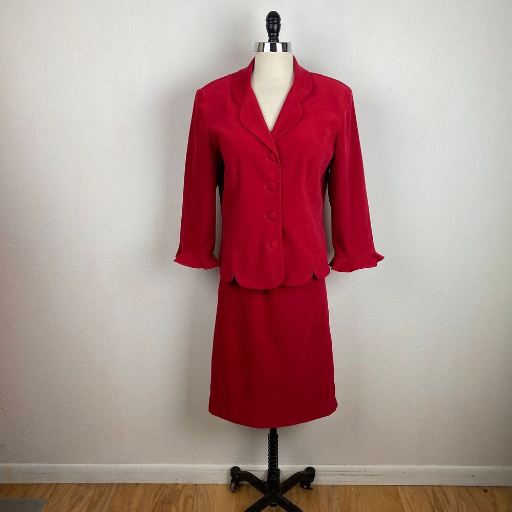 Vintage 90s Leslie Fay Red Faux Suede Two Piece Skirt Suit Blazer 16 Midi Chic
